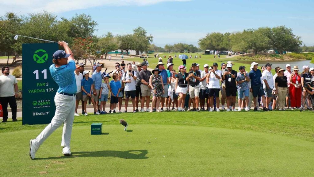 Aldrich Potgieter of South Africa plays his shot from the 11th tee during the third round of the Mexico Open at VidantaWorld 2025 at Vidanta Vallarta on February 22, 2025 in Puerto Vallarta, Mexico.