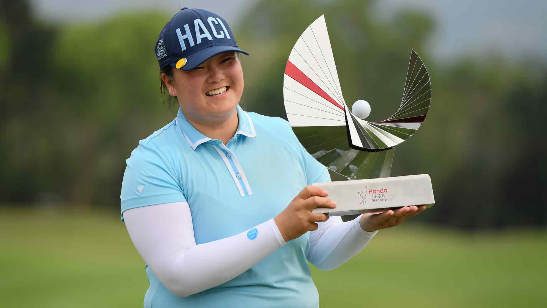 Angel Yin of the USA poses with the champion's trophy during round 4 of the Honda LPGA Thailand 2025 at Siam Country Club Old Course in Pattaya, Chonburi, Thailand, on February 23, 2025.