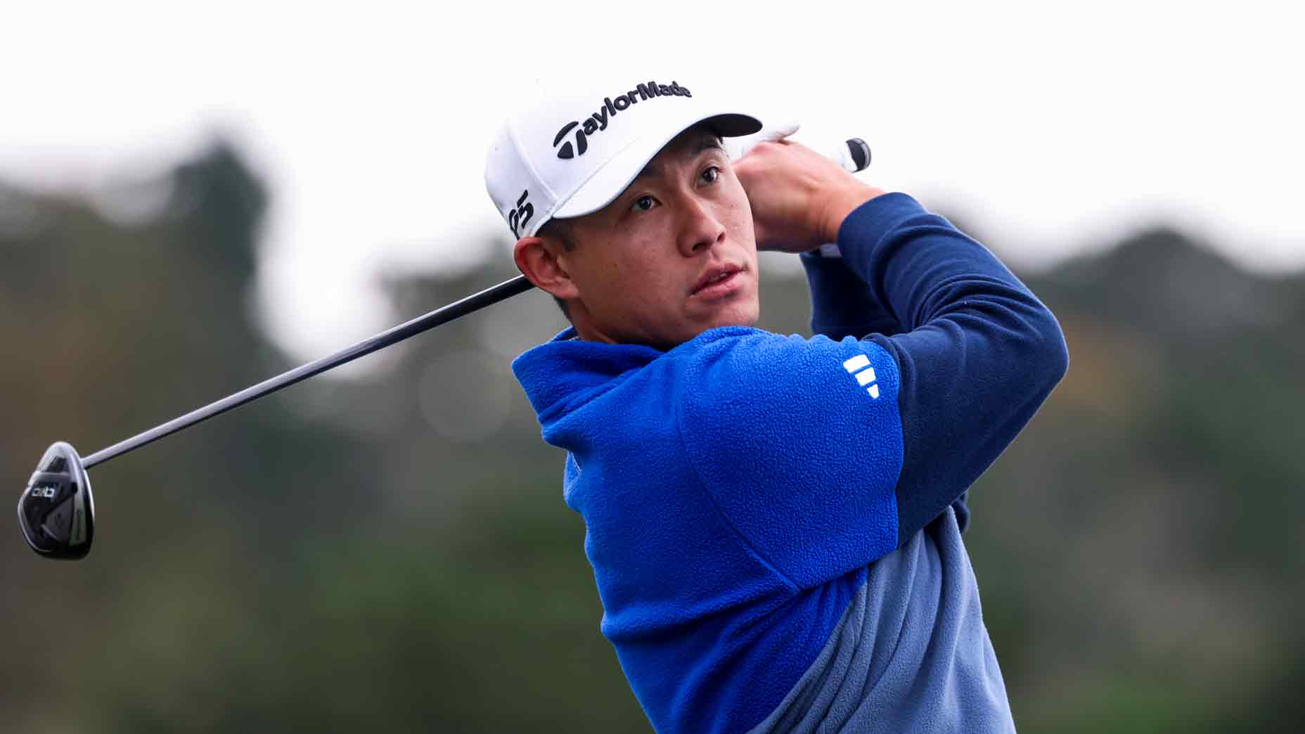 Collin Morikawa strikes a shot in the third hole during the second round of AT&T Pebble Beach pro-am 2025 at Pebble Beach Golf Links on January 31, 2025 in Pebble Beach, California.