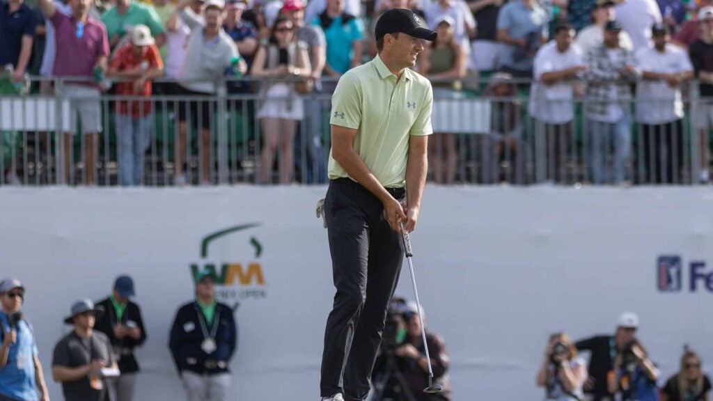 Jordan Spieth reacts to a birdie putt at the WM Phoenix Open.