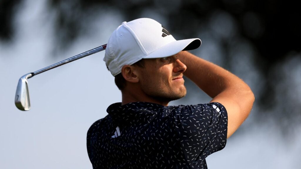 Ludvig Aberg watches a tee shot at Torrey Pines.