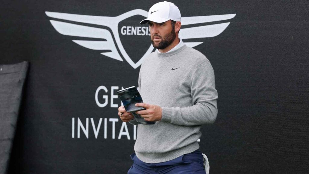 Scottie Scheffler of the United States looks on from the 16th green during the second round of The Genesis Invitational 2025 at Torrey Pines Golf Course on February 14, 2025 in La Jolla, California.