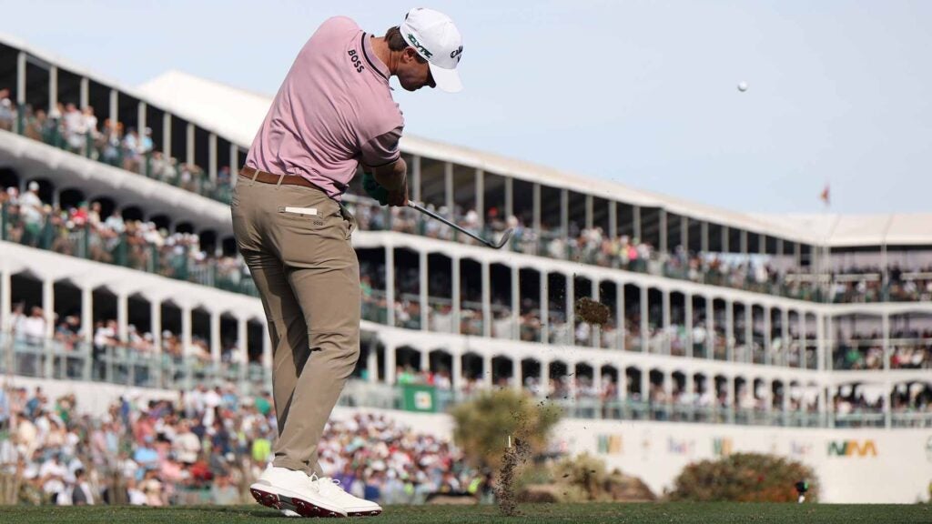 Thomas Detry hits a shot at 16 at the WM Phoenix Open.