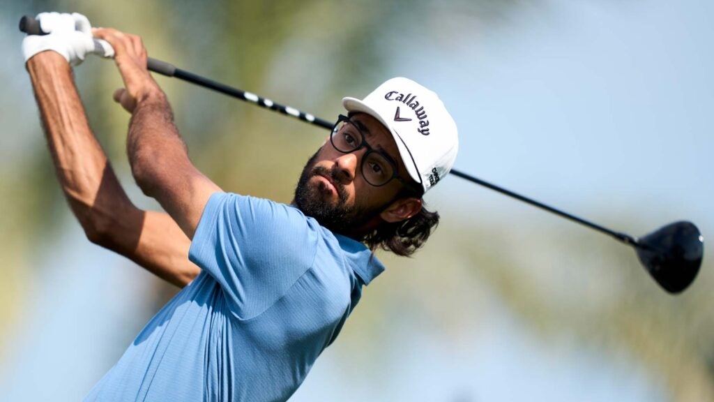 PGA Tour pro Akshay Bhatia, betting favorite in the 2025 Mexico Open odds, tees off on the 9th hole during the final round of the the Hero Dubai Desert Classic at Emirates Golf Club on January 19, 2025 in Dubai, United Arab Emirates.