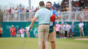 Brian Campbell embraces his caddie Cooper Wilson after winning the 2025 Mexico Open.