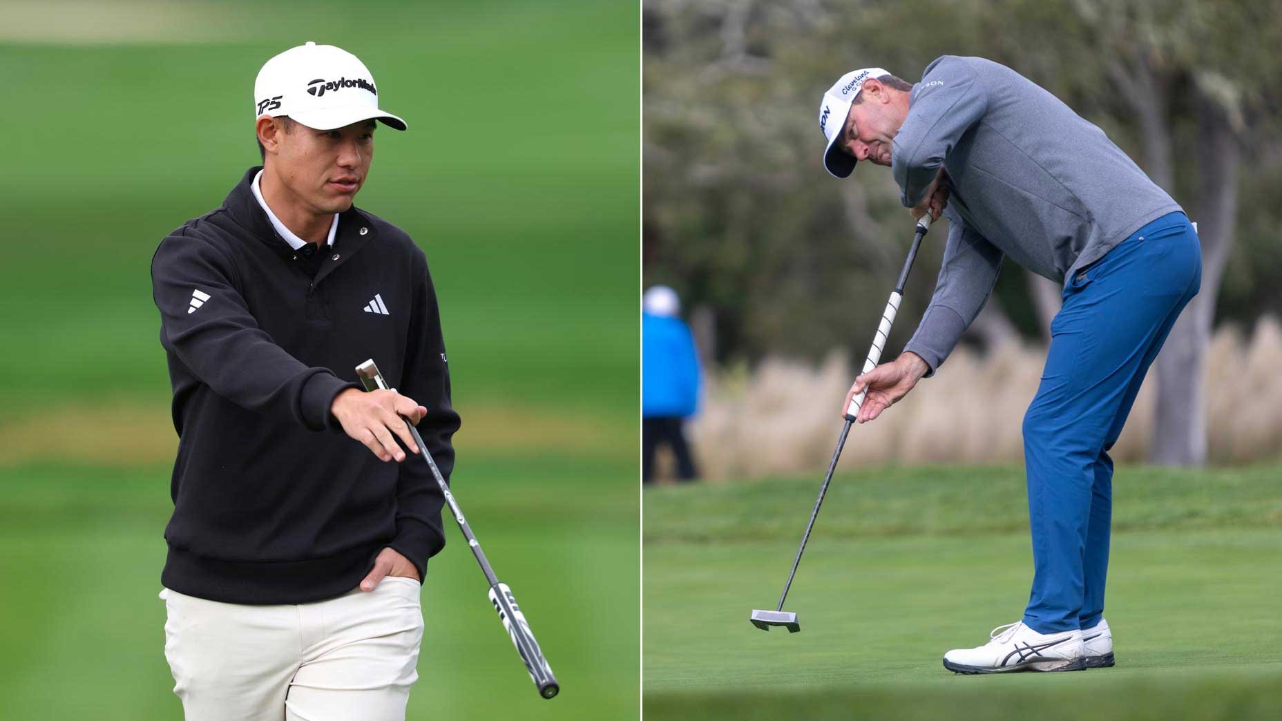 Split image of Collin Morikawa and Lucas Glover putting on PGA Tour.