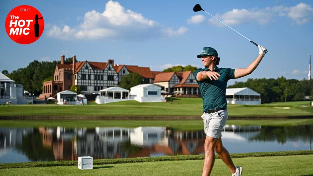 garrett clark swings driver at creator classic in green shirt and khaki pants