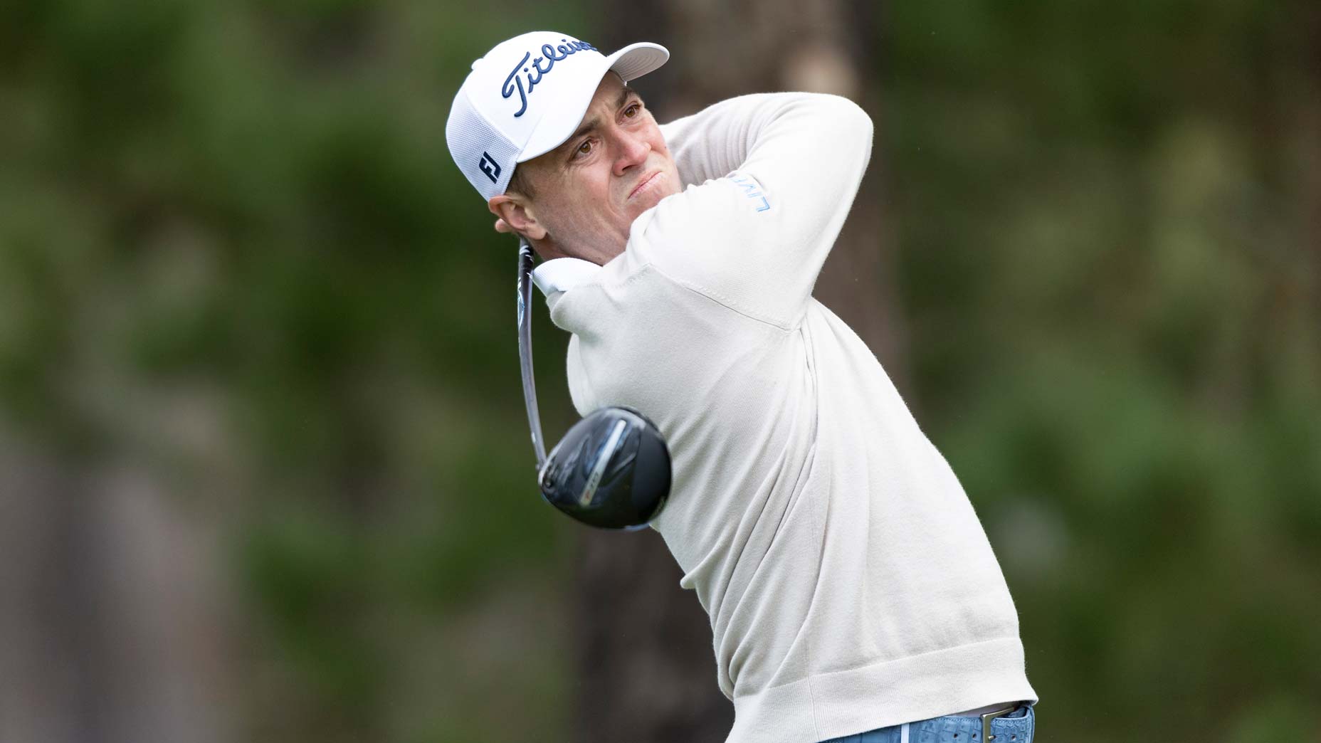 PGA Tour pro Justin Thomas tees off on hole #14 during the first round of the AT&T Pebble Beach Pro-Am one week before the 2025 WM Phoenix Open.