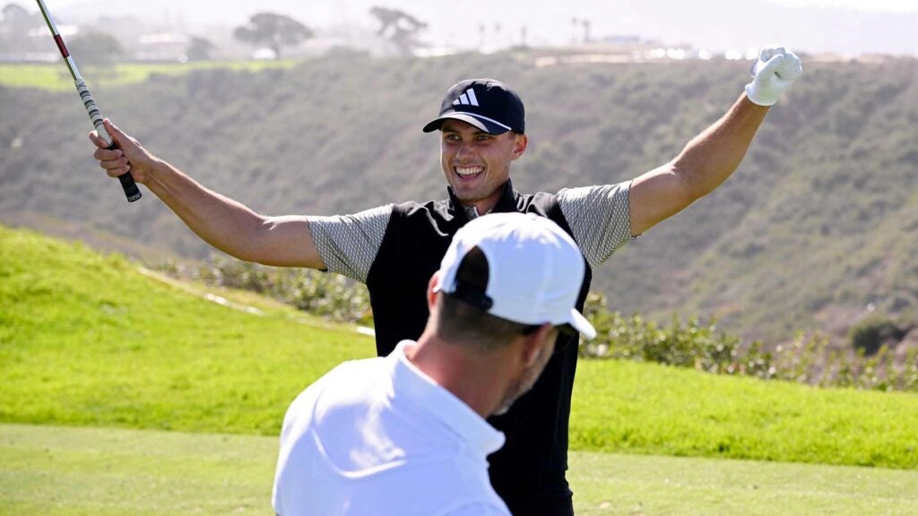 PGA Tour Ludvig Aberg celebrates with caddie after making a hole-in-one on the third hole during the third round of the 2025 Genesis Invitational at Torrey Pines.