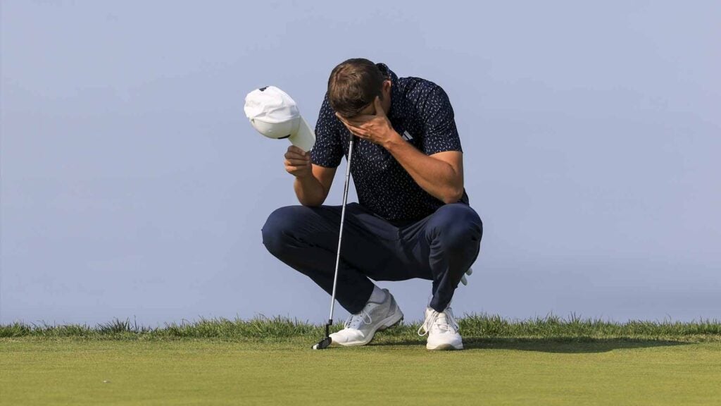 Ludvig Aberg puts his hands in his head during the Farmers Insurance Open.