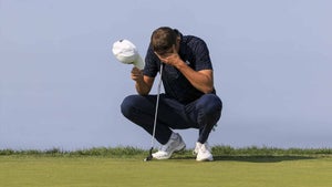 Ludvig Aberg puts his hands in his head during the Farmers Insurance Open.