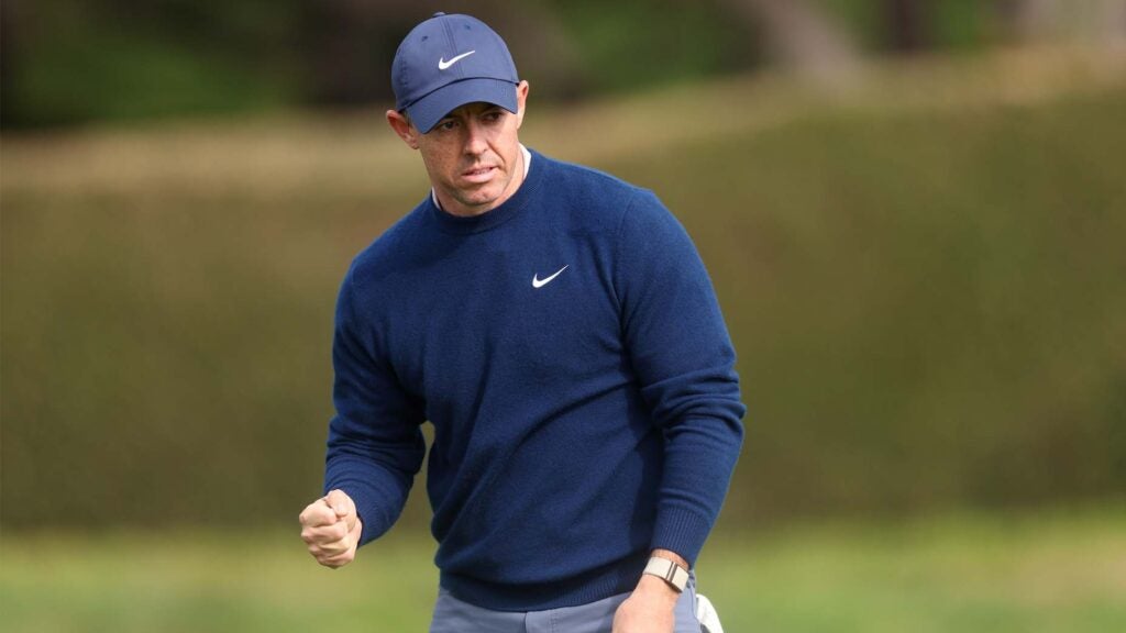 Rory McIlroy pumps his fist after making a putt during the final round of the AT&T Pebble Beach Pro-Am.