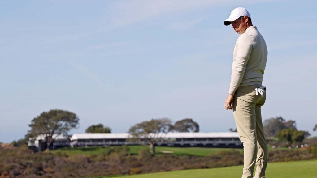 Rory McIlroy reacts to a missed putt during the third round of the 2025 Genesis Invitational.