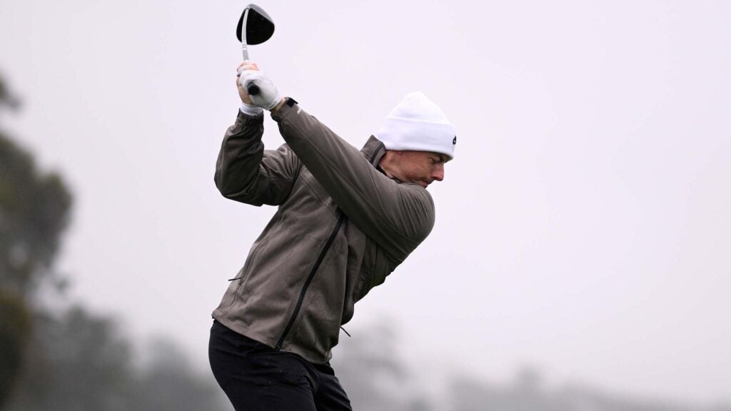 PGA Tour pro Rory McIlroy plays his shot from the ninth tee prior to the 2025 Genesis Invitational at Torrey Pines.