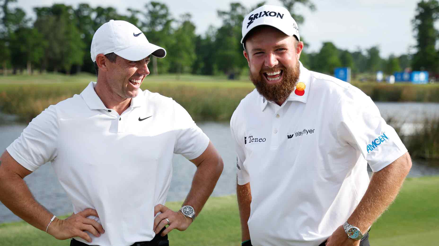 Rory McIlroy of Northern Ireland and Shane Lowry of Ireland celebrate the final round of the Zurich Classic of New Orleans at TPC Louisiana on April 28, 2024 in Avondale, Louisiana. (