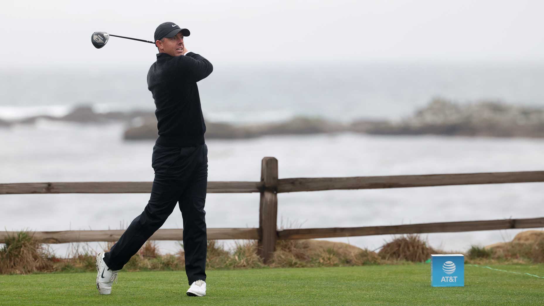 PGA Tour Rory McIlroy plays his tee shot from the 18th tee during the third round of the AT&T Pebble Beach Pro-Am 2025 at Pebble Beach Golf Links.