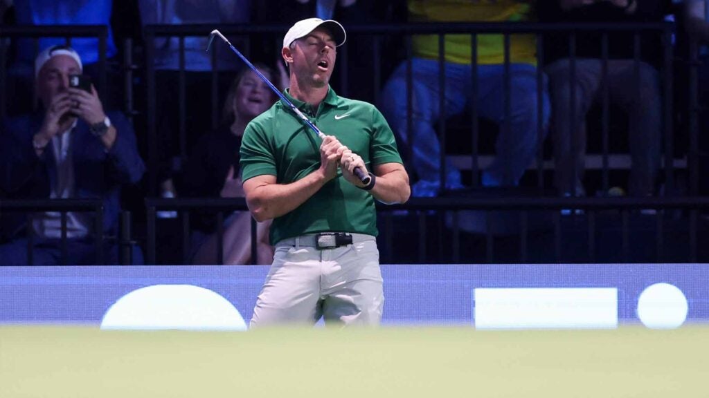 Rory McIlroy reacts to a shot during his TGL match against the Atlanta Drive.