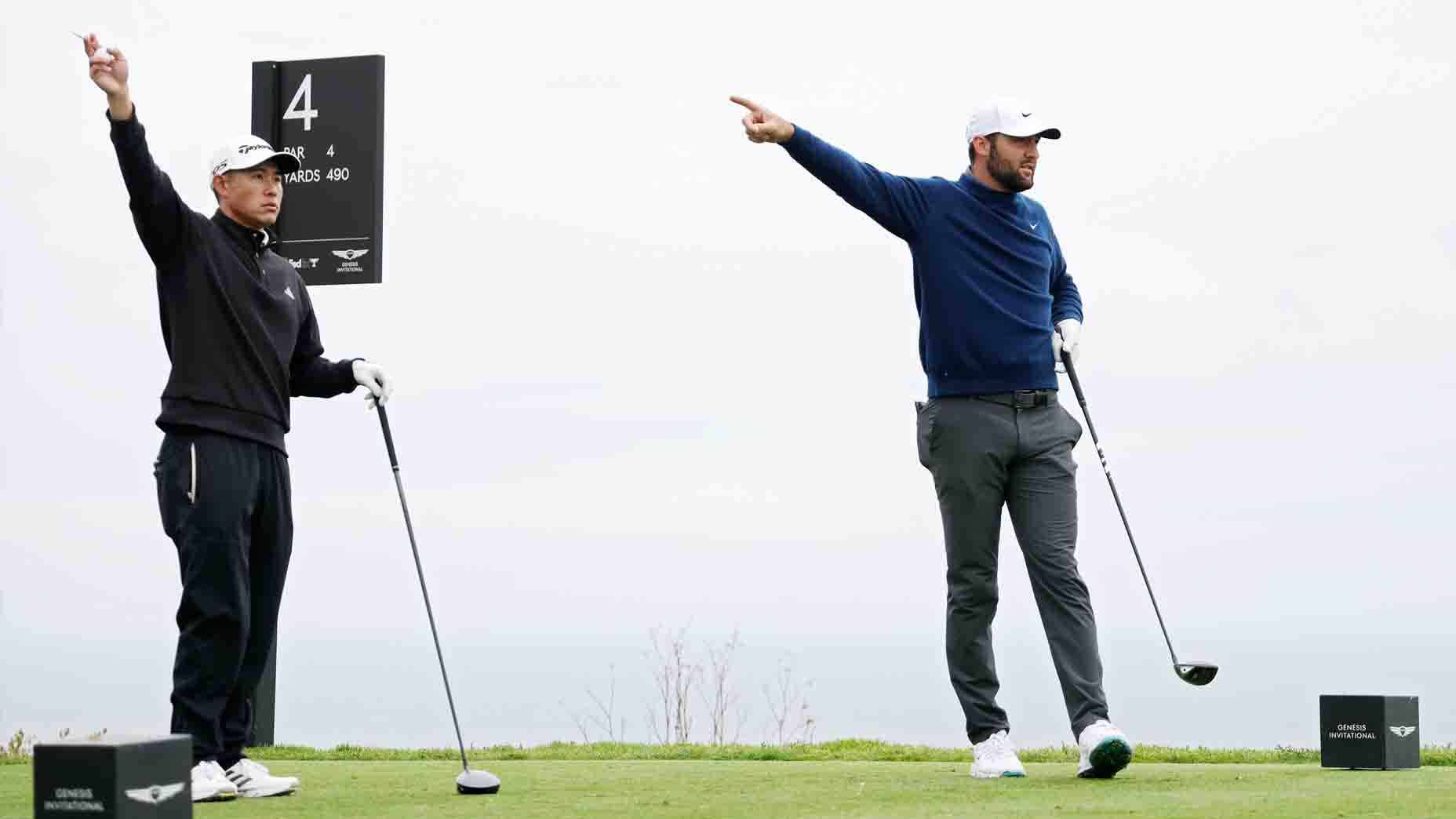 Scottie Scheffler and Collin Morikawa react after a tee shot at the 2025 Genesis Invitational at Torrey Pines.