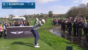 Scottie Scheffler hits wedge shot on 11th hole at 2025 Genesis Invitational.