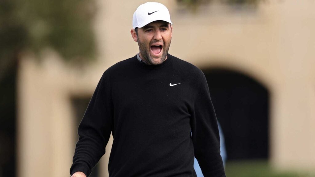 Scottie Scheffler, who leads 2025 WM Phoenix Open betting odds, reacts after playing a shot on the second hole during the final round of the 2025 AT&T Pebble Beach Pro-Am.