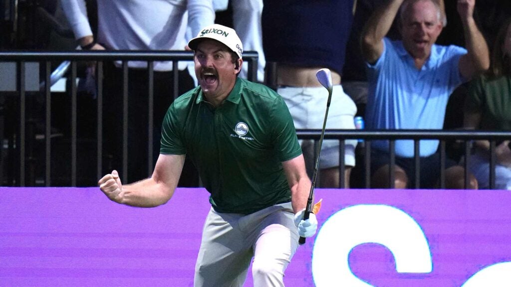 TGL pro Keegan Bradley celebrates after chipping in on the 10th hole during their TGL presented by SoFi match against The Bay Golf Club at SoFi Center.