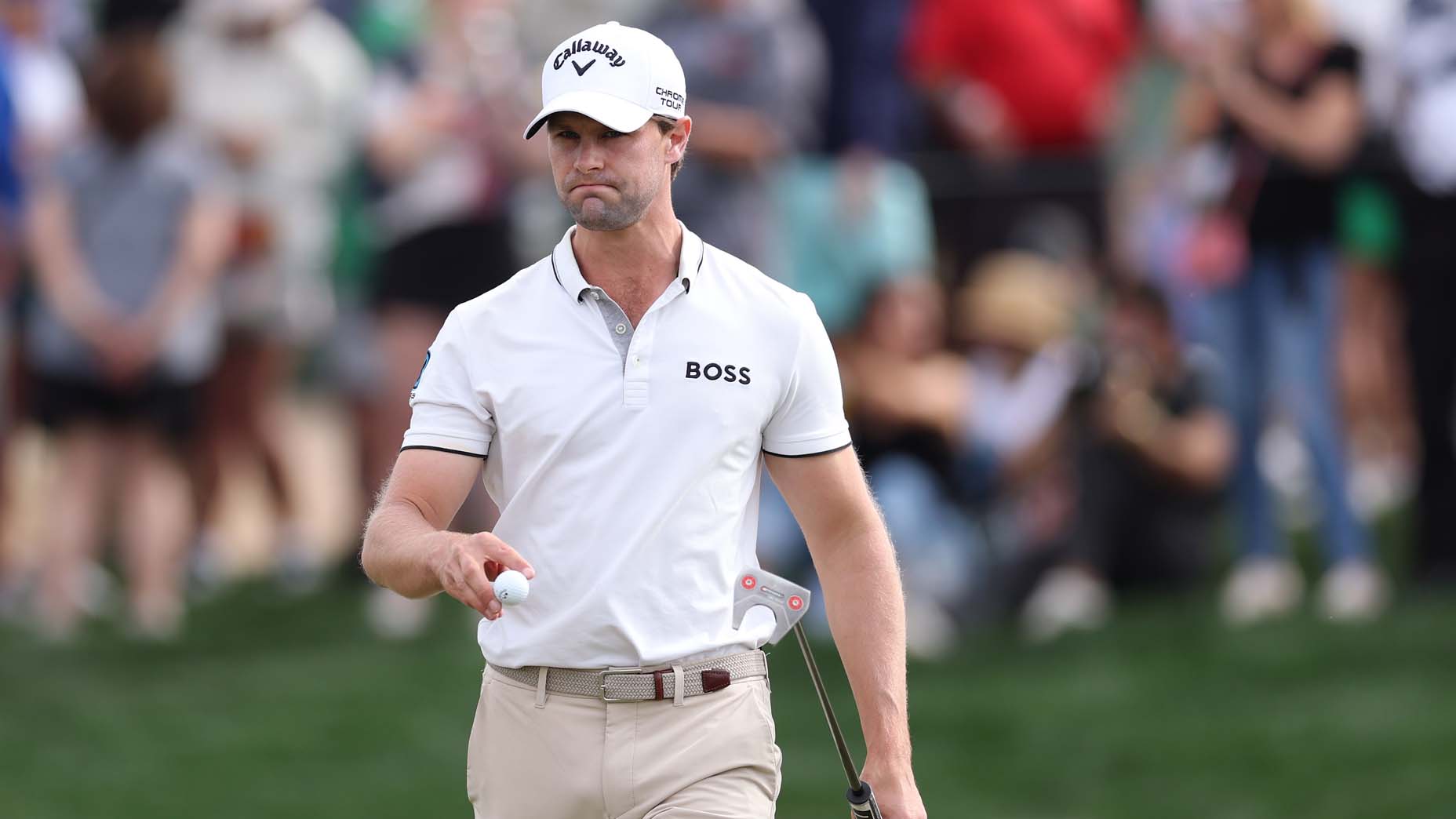 Thomas Detry reacts after making a putt during the final round of the WM Phoenix Open.