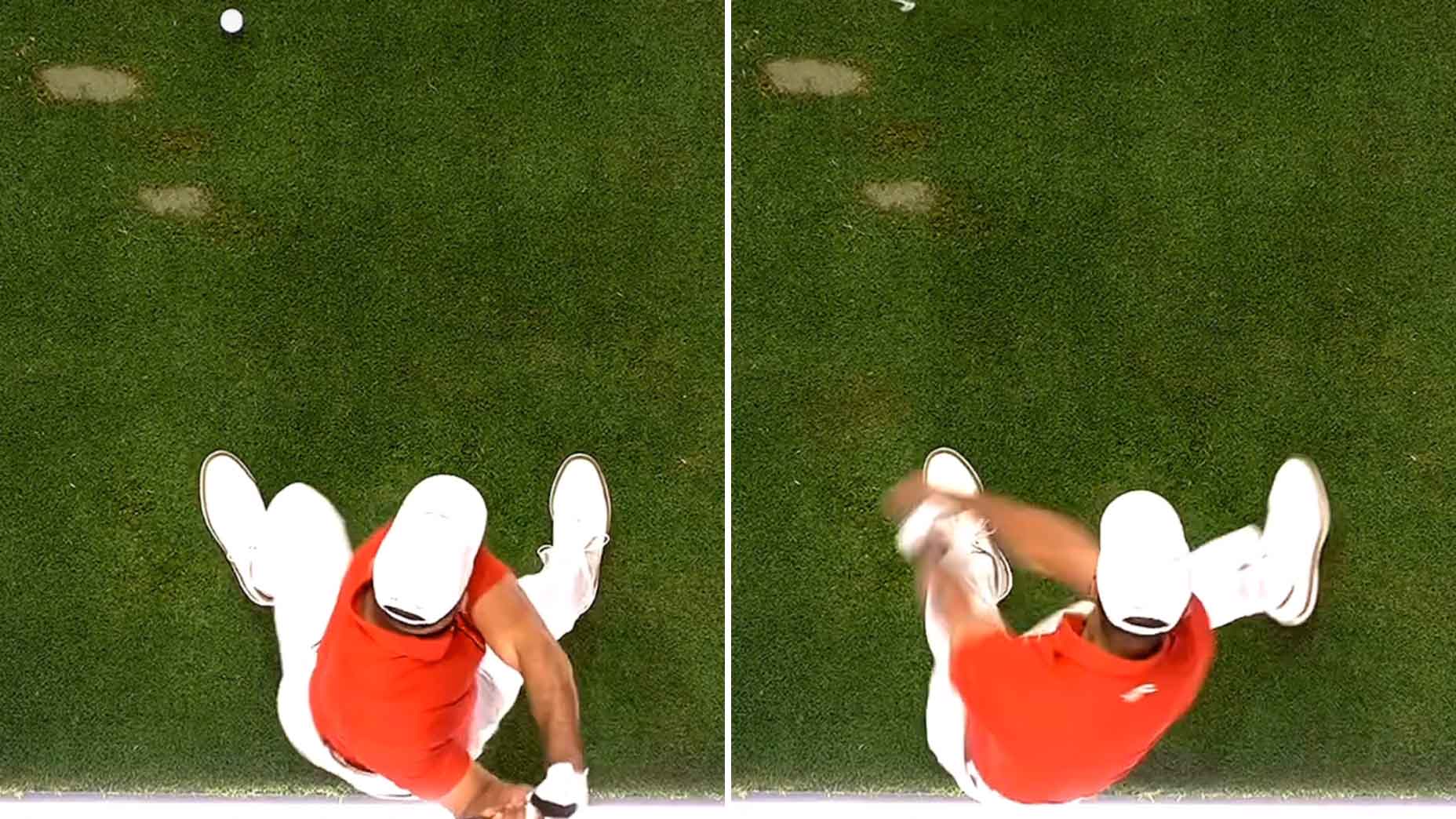 overhead view of tiger woods' swing from a tgl match