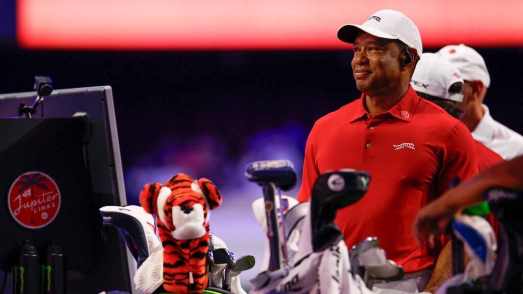 Tiger Woods looks on during his TGL match against New York Golf Club.