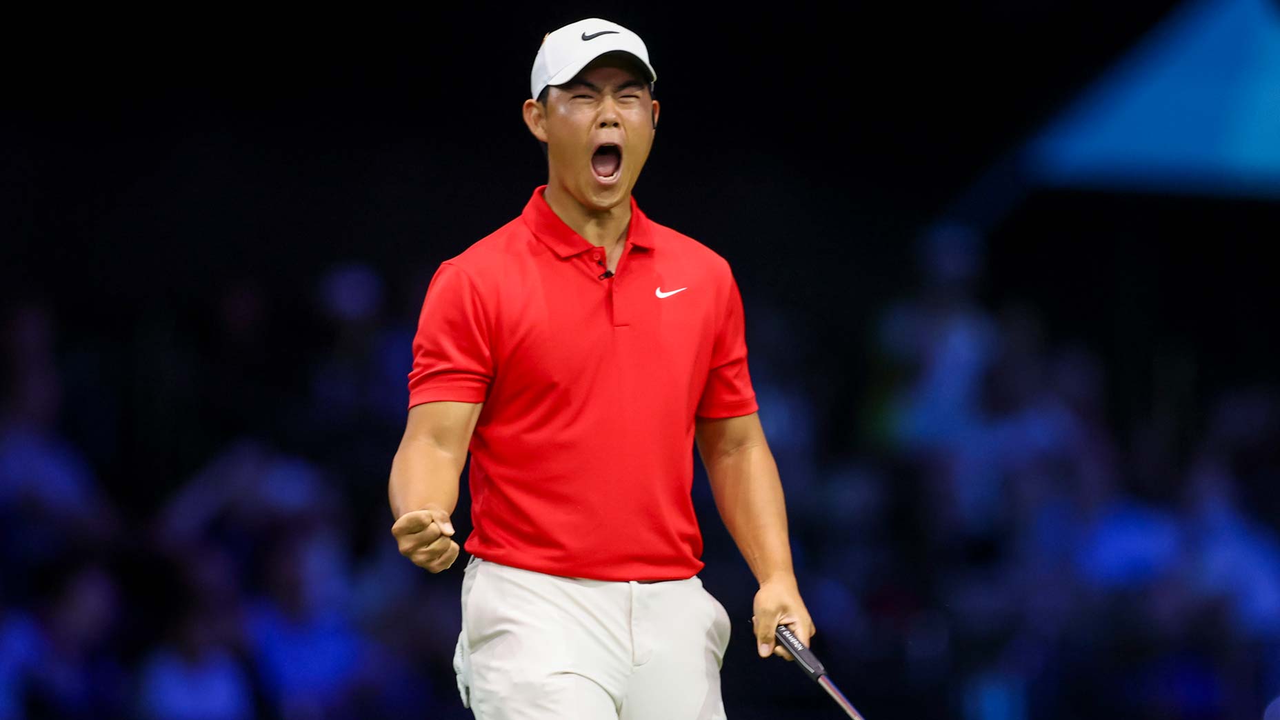 TGL pro Tom Kim reacts after making a putt on the ninth hole during match against New York Golf Club at SoFi Center.