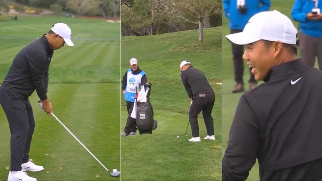 Tom Kim hitting topped tee shot then chipping in for birdie at Pebble Beach's 1st hole on Saturday.