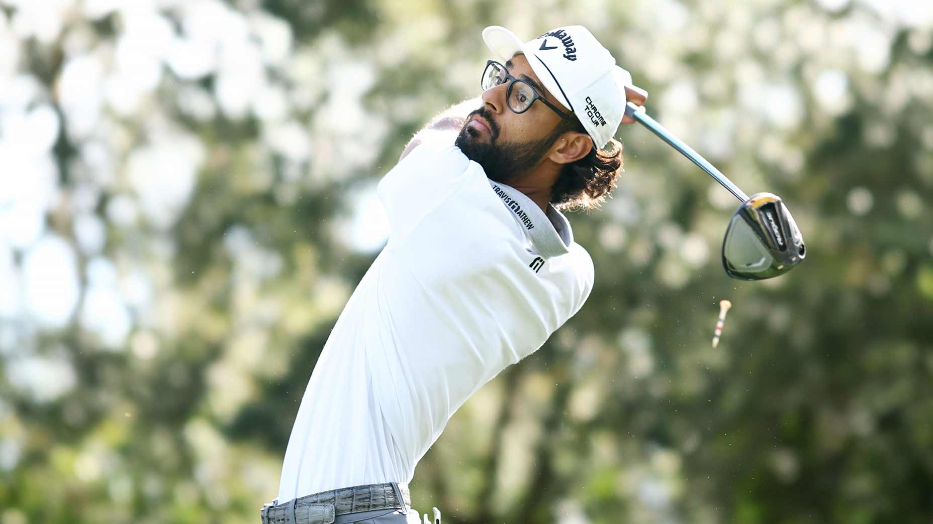 Akshay Bhatia plays a tee shot at the Players Championship.