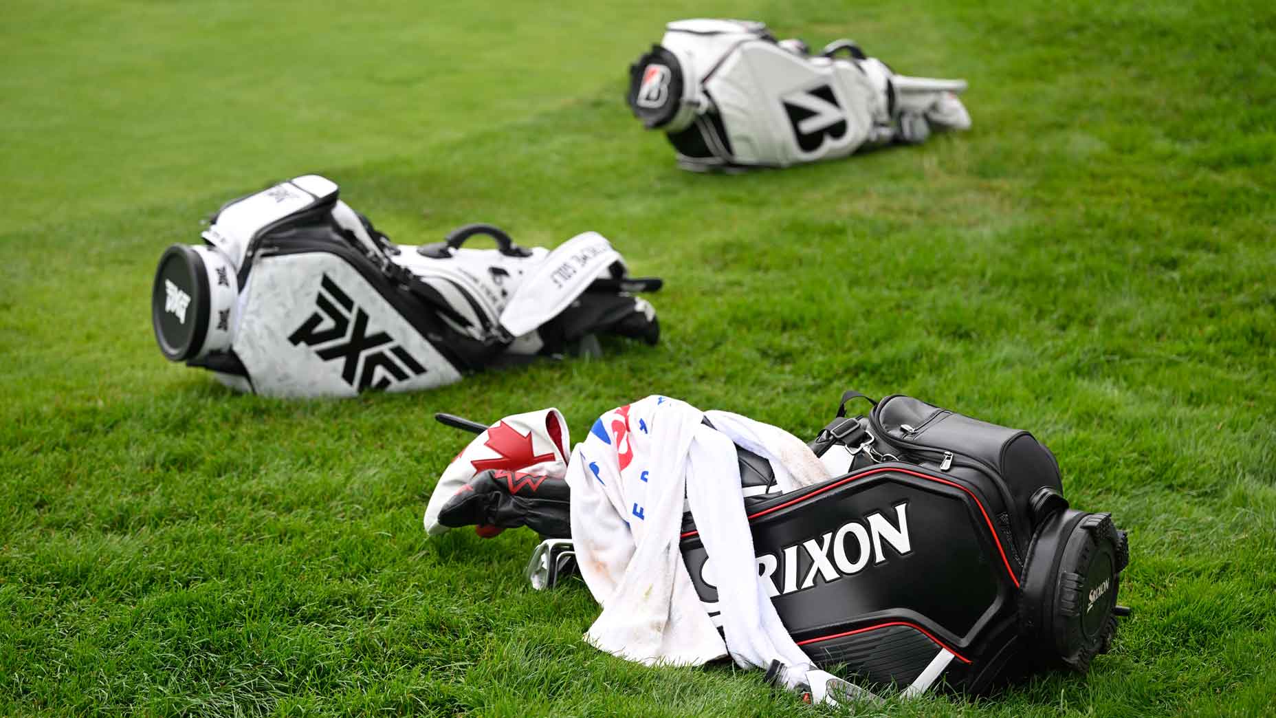 Golf bags at the Rocket Mortgage Classic.