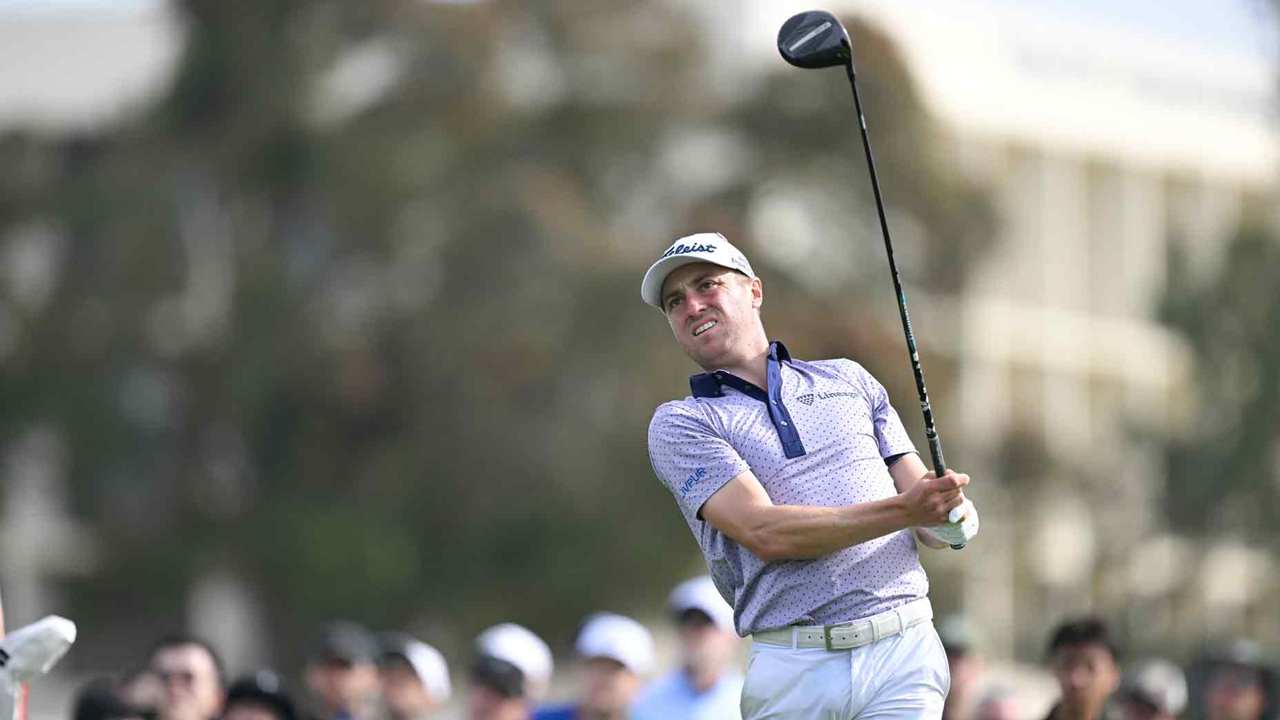 Justin Thomas looks at his car in the 18th box of the last round of the Invitational Generations at Torrey Pines Golf Course on 16 February 2025 in San Diego, California.