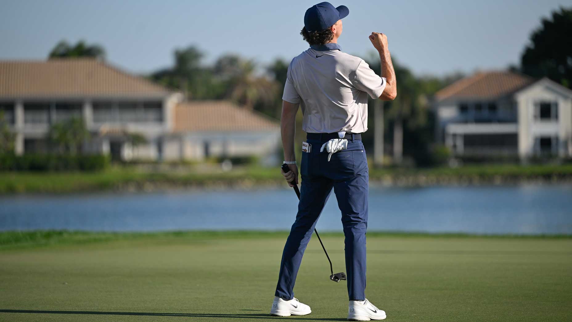 Luke Clanton fist pumps at the Cognizant Classic.