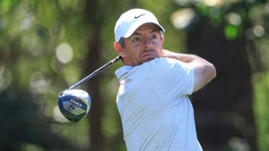 Rory McIlroy hits a tee shot in a practice round at TPC Sawgrass.