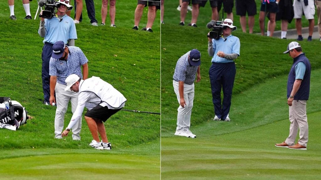 JJ spaun drops ball in two-photo sequence at the Players Championship.