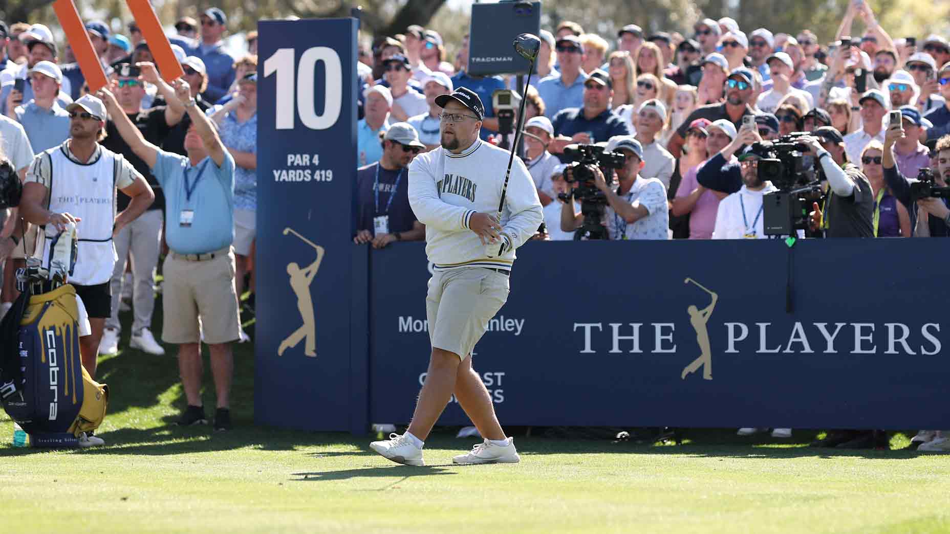 Barstool Sports' Trent Ryan follows his intention from Ten Ten before the player championship at the TPC Sawgrass stadium on March 12, 2025 in Ponte Vedra Beach, Florida.