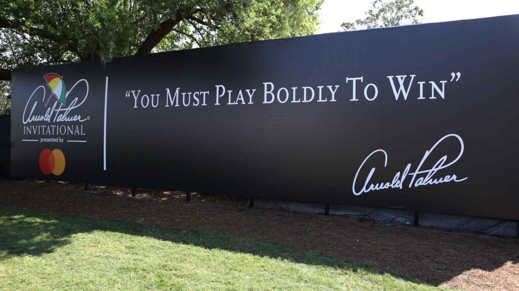 Arnold Palmer signage as seen during the first round of the Arnold Palmer Invitational, featuring an enormous purse.