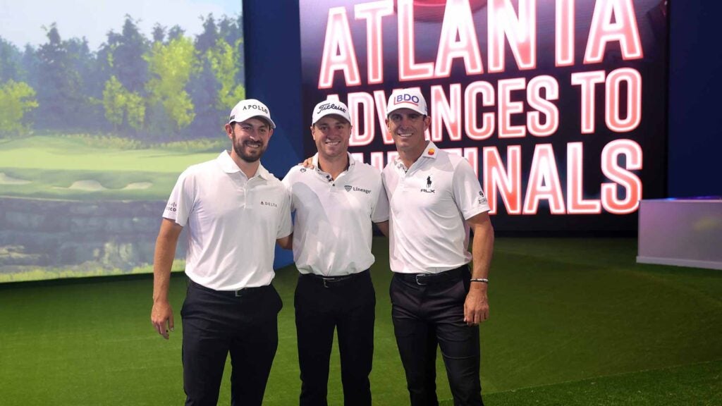 Patrick Cantlay, Justin Thomas and Billy Horschel of Atlanta Drive GC, who qualified for the TGL finals, pose for a photograph after their TGL presented by SoFi match against The Bay Golf Club.