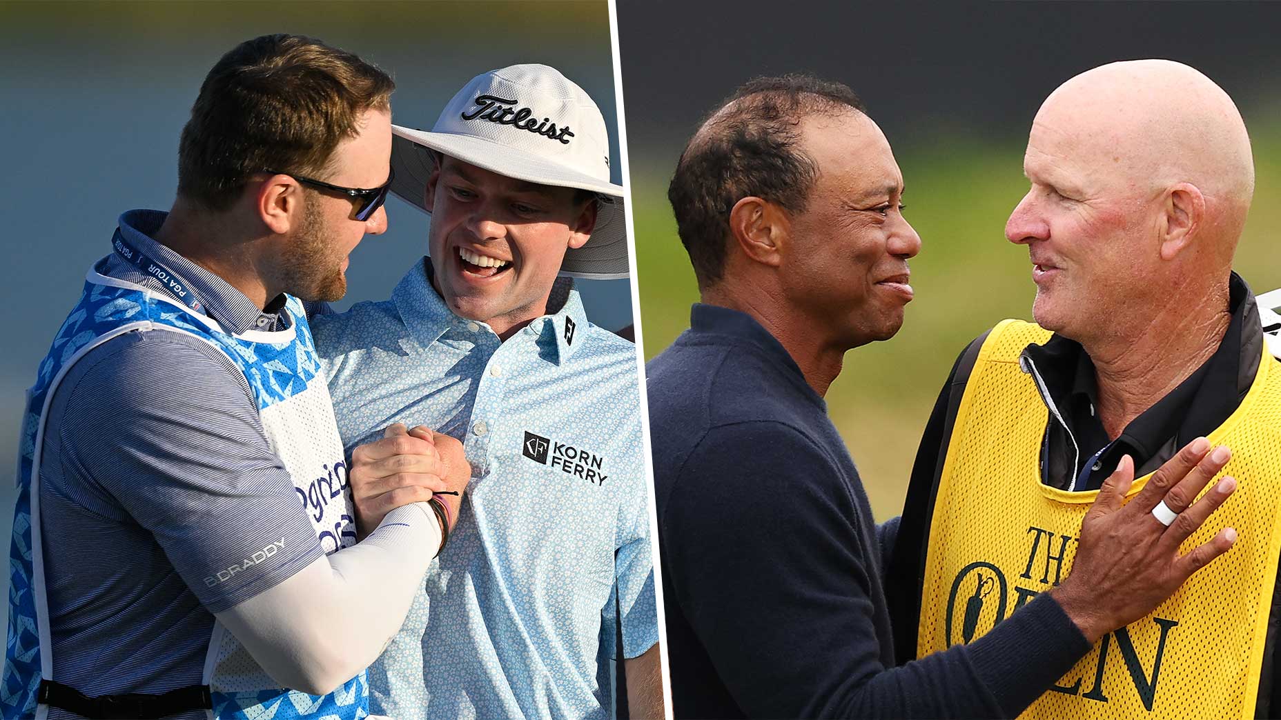 joe lacava jr and joe lacava each hug joe highsmith and tiger woods, respectively, wearing caddie bibs