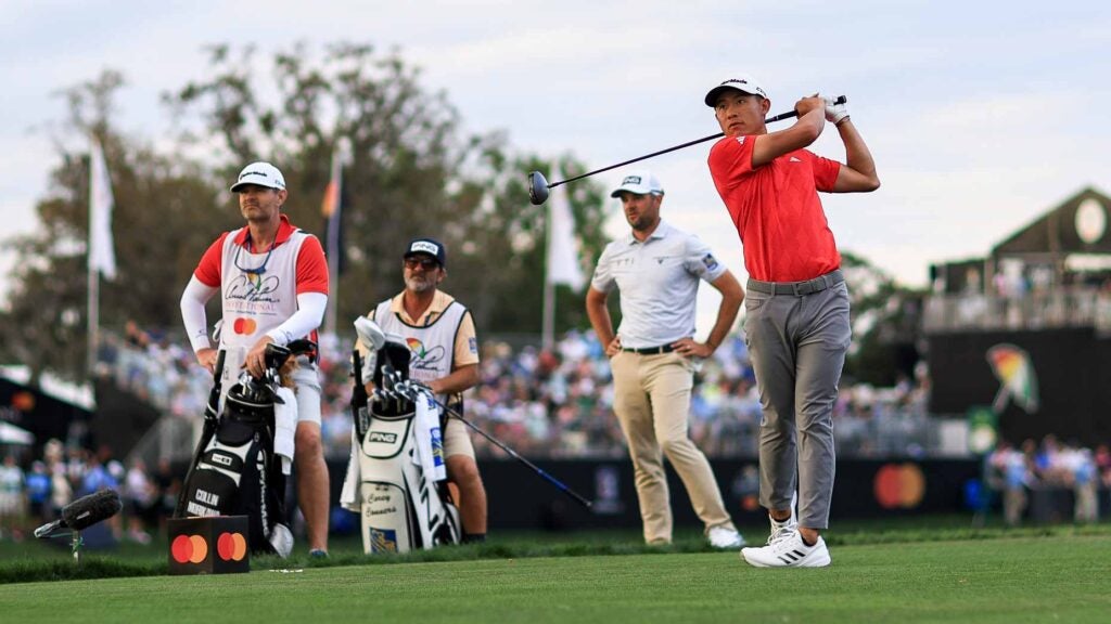 PGA Tour pro Collin Morikawa hits a tee shot on the 16th hole during the third round of the 2025 Arnold Palmer Invitational.