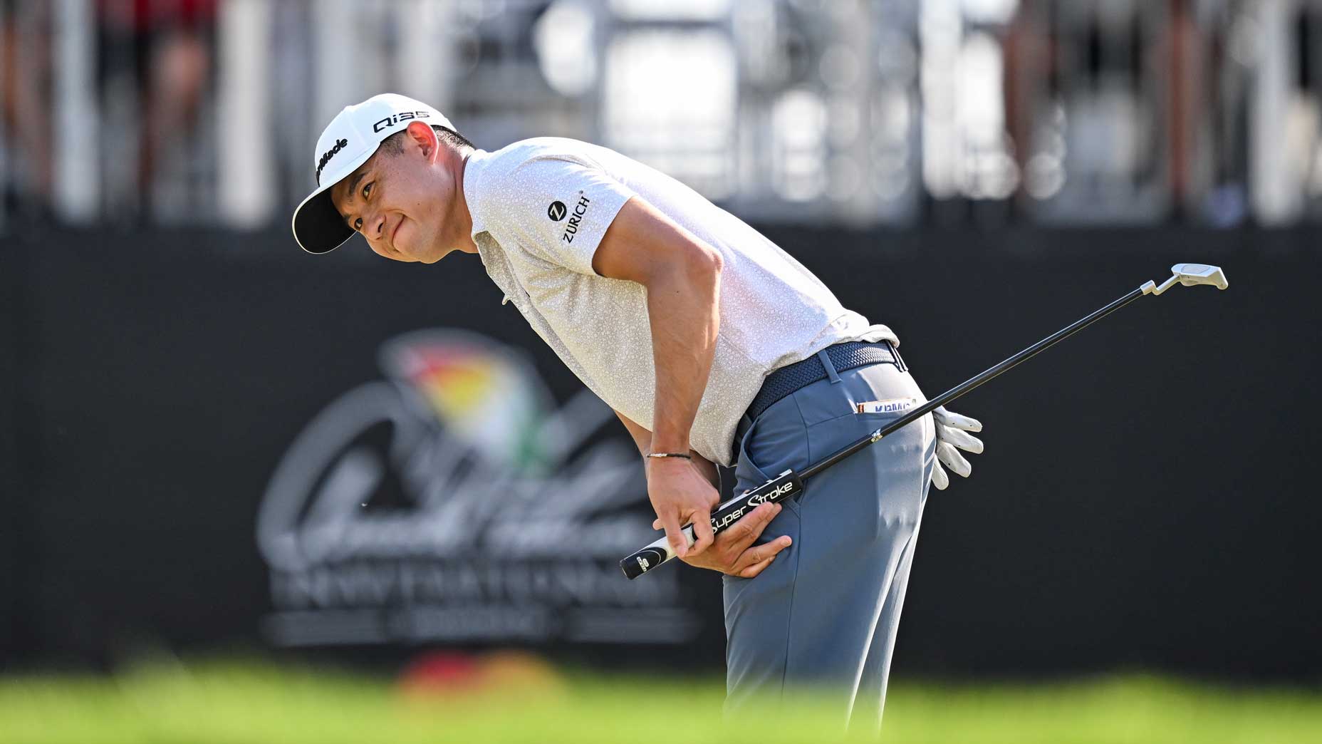 PGA Tour Pro Collin Morikawa reacts to lose a bird's blow to the 15th green hole during the last round of 2025 Arnold Palmer Invitational.