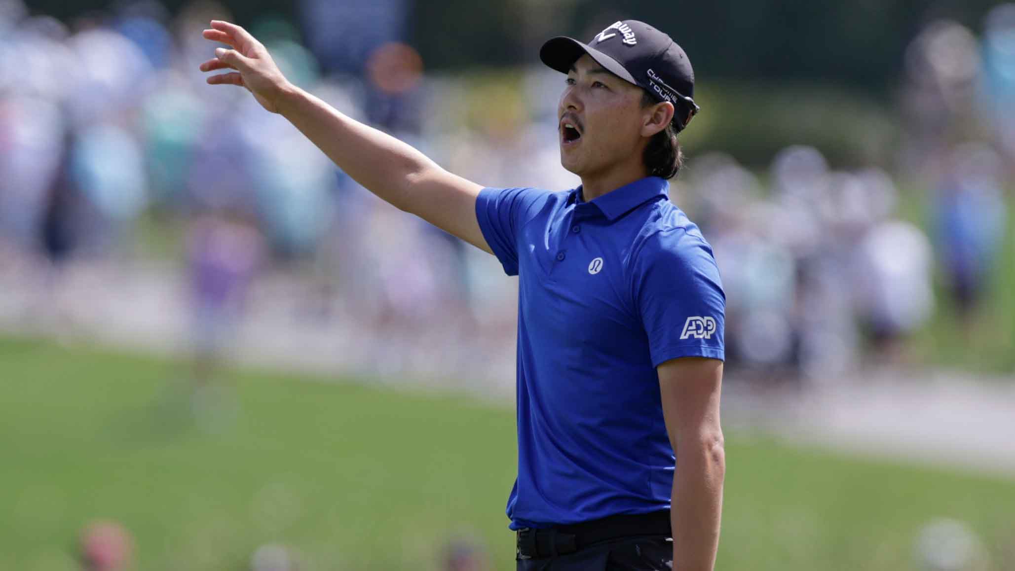 Australia's min woo Lee reacts after a ninth hole in the second round of player championship