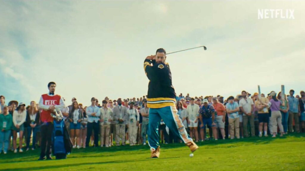 Actor adam sandler walks in front of golf shot in Happy Gilmore 2