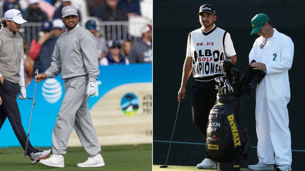 Two images of Jason Day in Malbon apprel at the 2025 AT&T Pebble BEach Pro-Am (left) and the 2024 Masters (right).