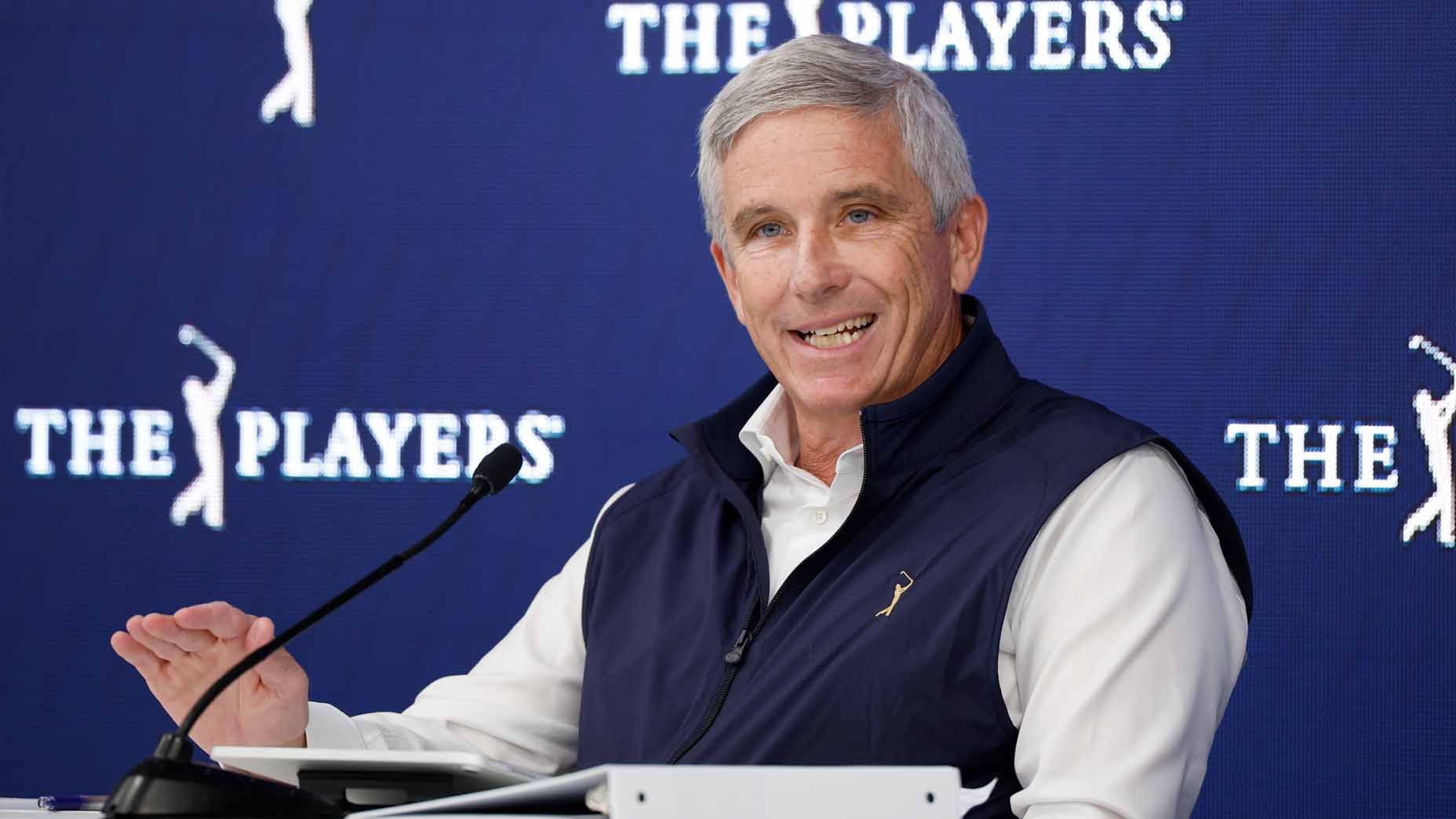 PGA Tour commissioner Jay Monahan speaks to the media ahead of the 2025 Players Championship.