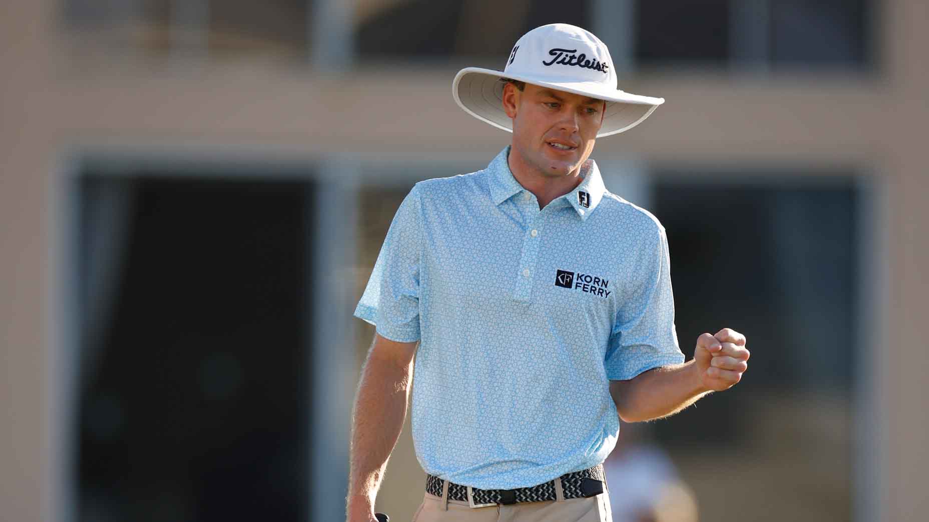 Joe Highsmith celebrates after making a putt during the final round of the Cognizant Classic.