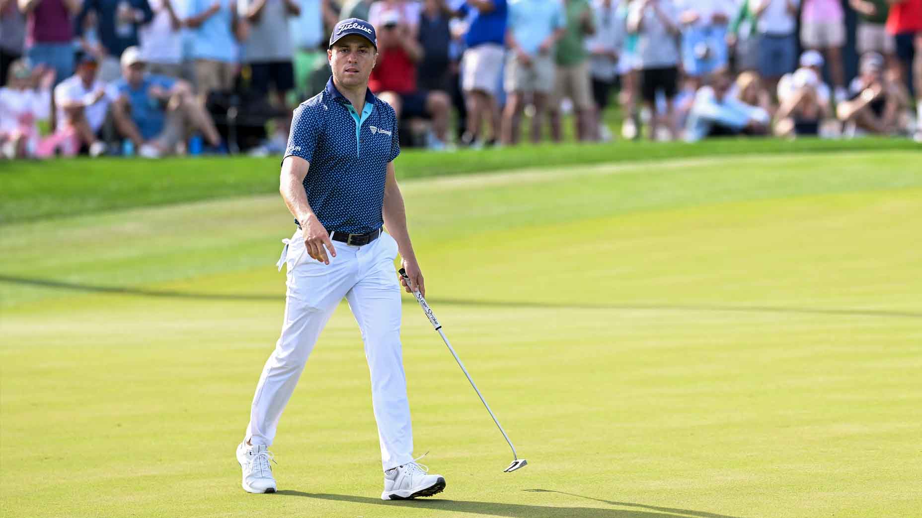 Justin Thomas reacts to a made birdie putt during the second round of the 2025 Players Championship.