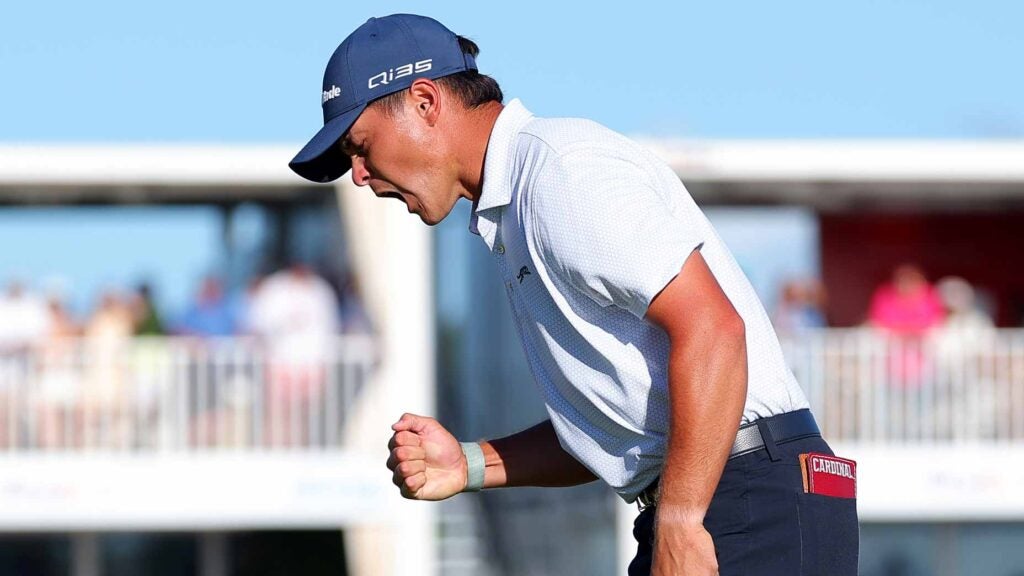 PGA Tour pro Karl Vilips, signed to Tiger Woods' Sun Day Red brand, celebrates after winning the 2025 Puerto Rico Open.