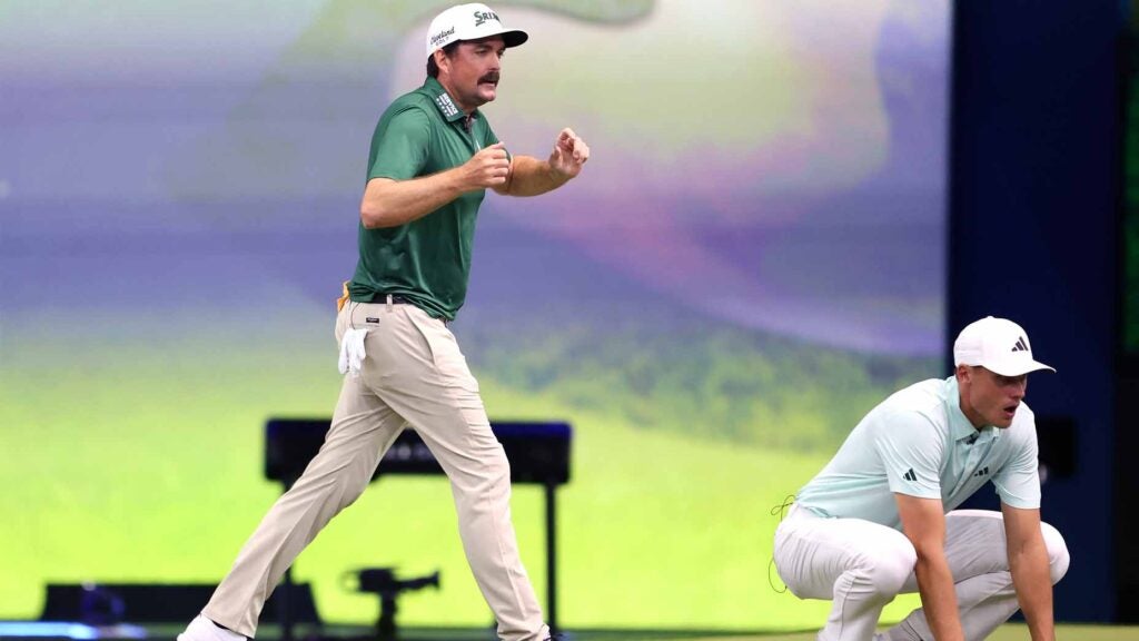 Keegan Bradley and Ludvig Aberg react to a shot during TGL.